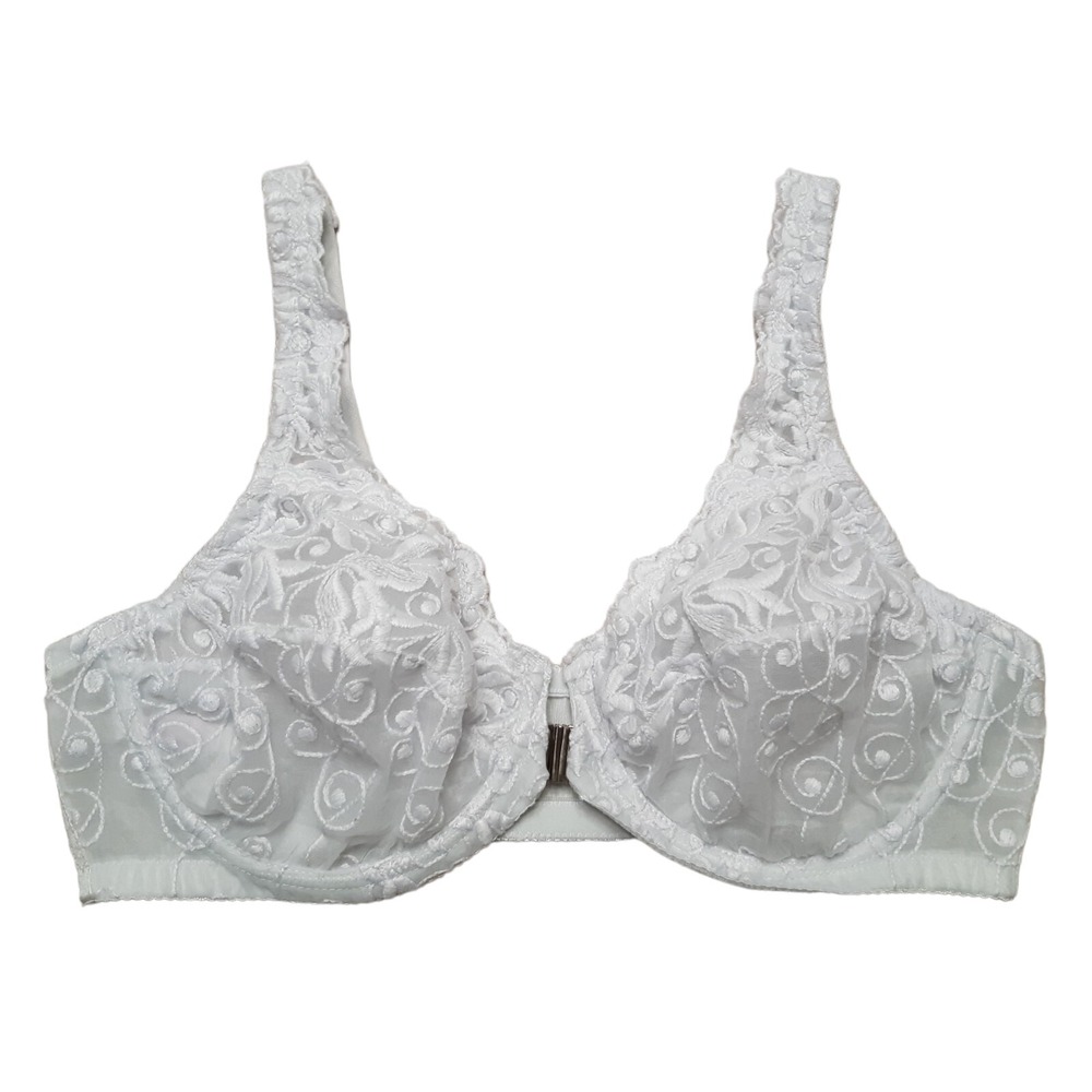 Amoureuse Front Close Bra Womens 42B‎ White Floral Embroidered Coquette Mesh